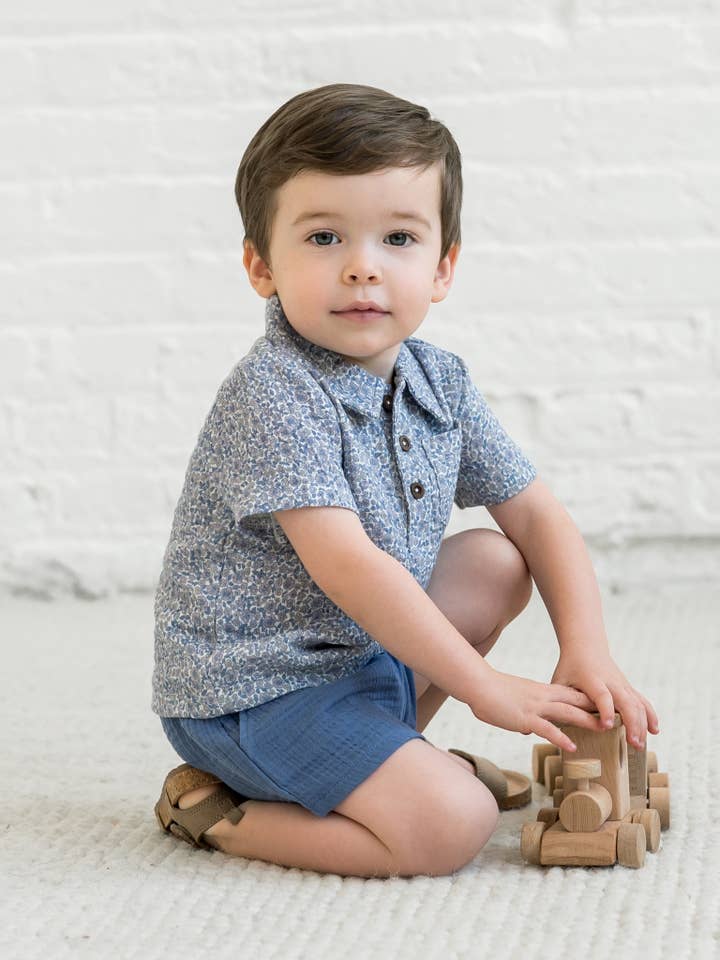 Colored Organics - Wholesale Shirt - Baby - Organic Ezra Muslin Short Sleeve Polo - Gianni Floral/Marino