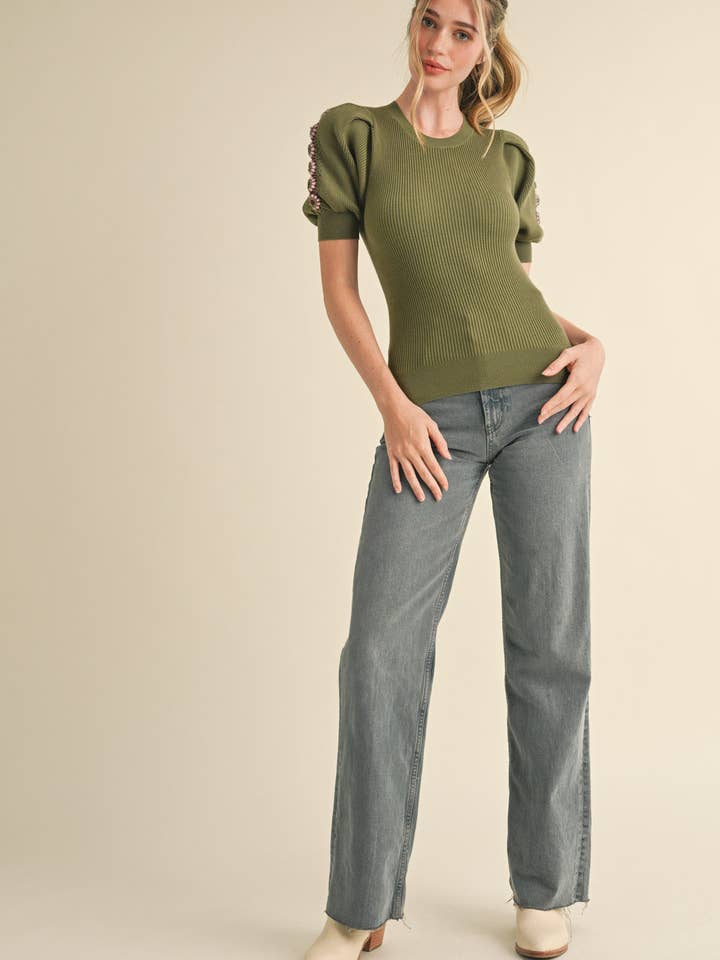 &MERCI - Wholesale Knit Top - Women's - HAND-MADE CROCHET PUFF SLEEVE SWEATER MSW105678