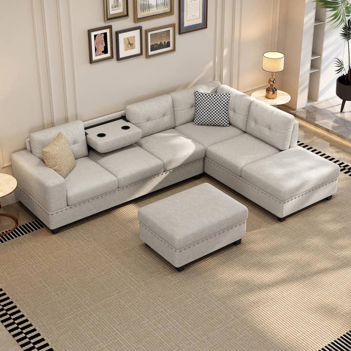 Light Gray Sectional Sofa Couch with Ottoman and Chaise for wholesale on Faire