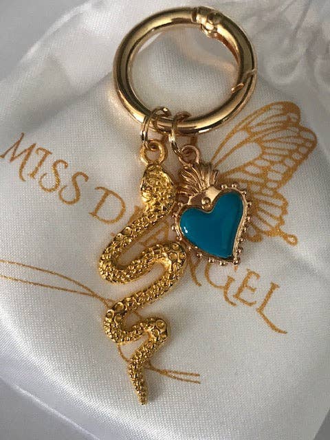 Miss DJ Angel - Wholesale Keychain - Women's - Golden snake charms, heart and snake bag charms, gift for women sacred heart charms, blue heart and snake pendants,3