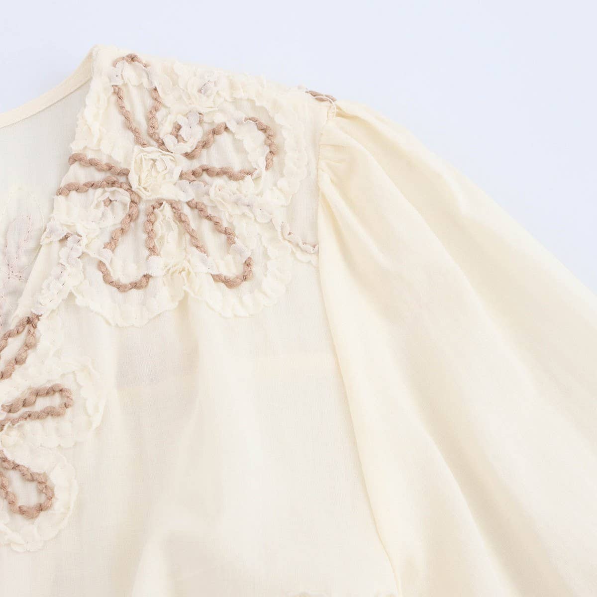 Beige Floral Embroidery MiniDress with Drawstring Cutout_CWDSD8316 for wholesale on Faire8