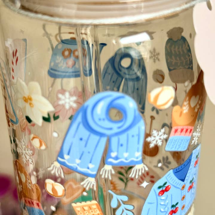 the cute cloud - Wholesale Drinking Glass/Cup - Cozy Winter Double Sided Glass Tumbler with Lid & Straw 4