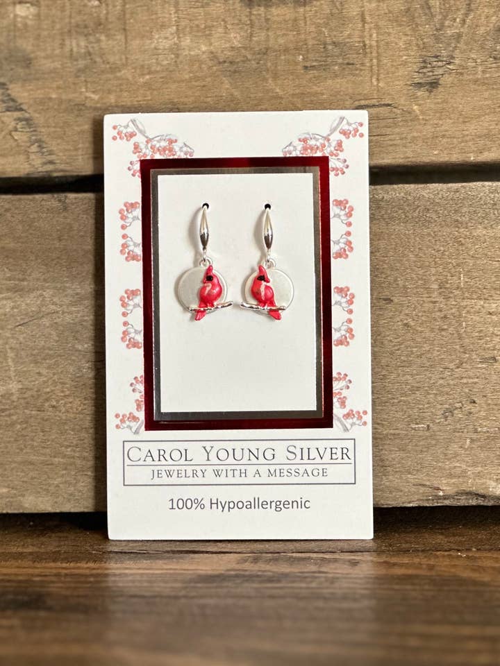 Cardinal on Branch Jewelry/Disk Earrings WIRE Jewelry for wholesale by Carol Young Silver