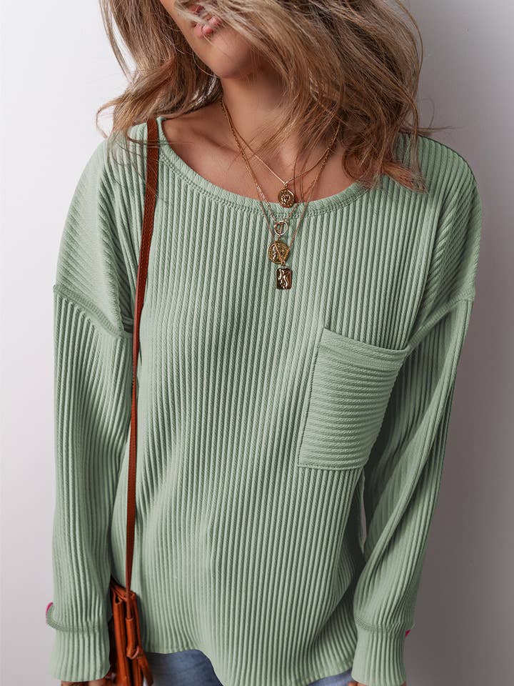 Solid Color Corded Drop Shoulder Long Sleeve Top for wholesale by PartyEight