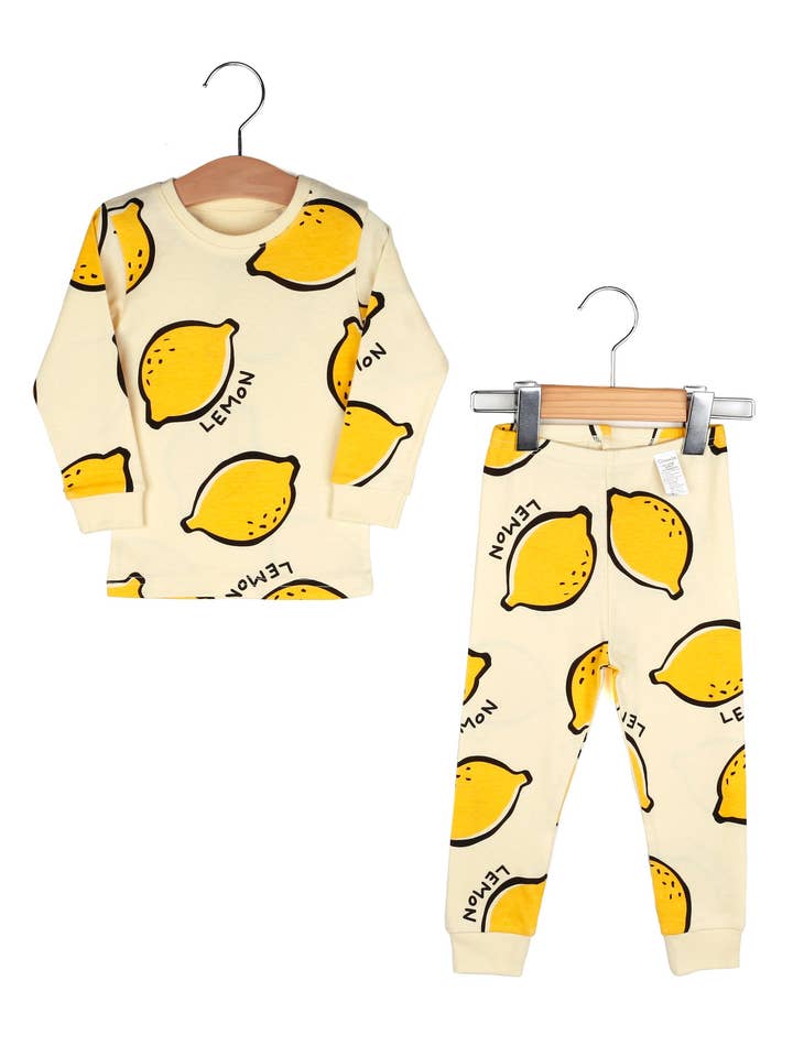 Yellow Lemon Party Long Cotton Pajama Set for wholesale by Maykids