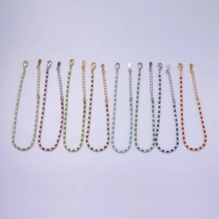 Dainty Diamond CZ Tennis Bracelet Blue Green Red Clear Cz Stone Tennis Bracelet | WA-1770 - WA-1777 for wholesale by Aim Eternal