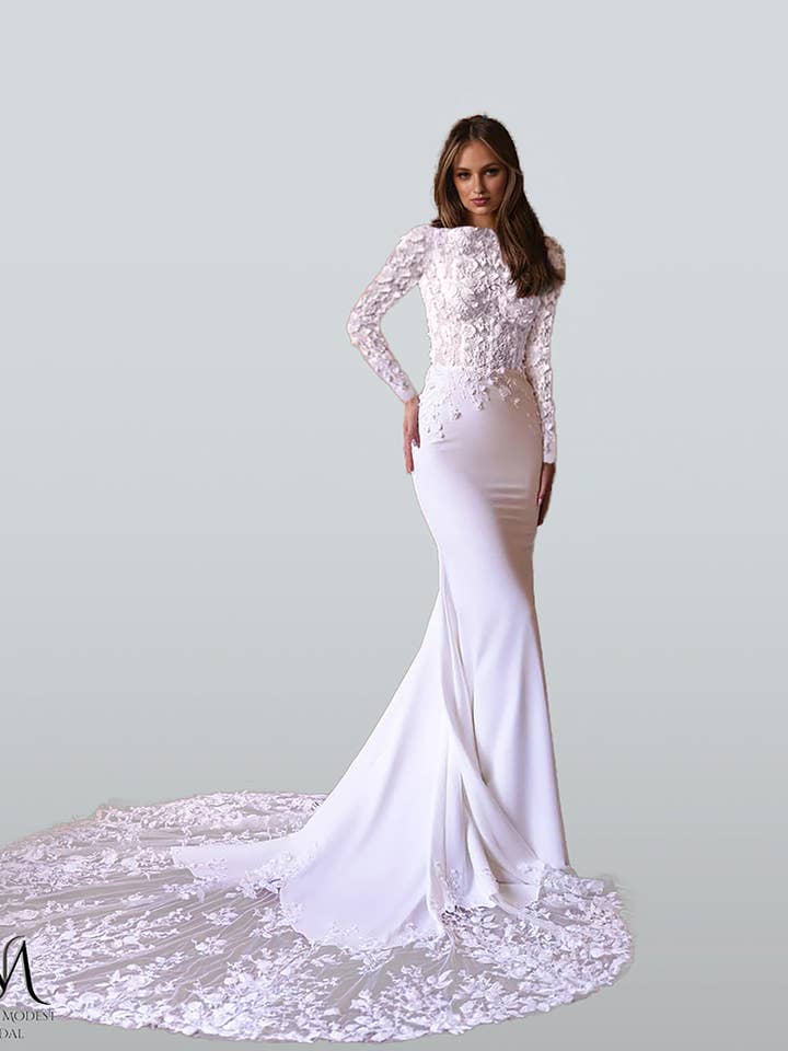 Flower - Beautiful Modest Mermaid Wedding Dress for wholesale by Unique Modest Bridal