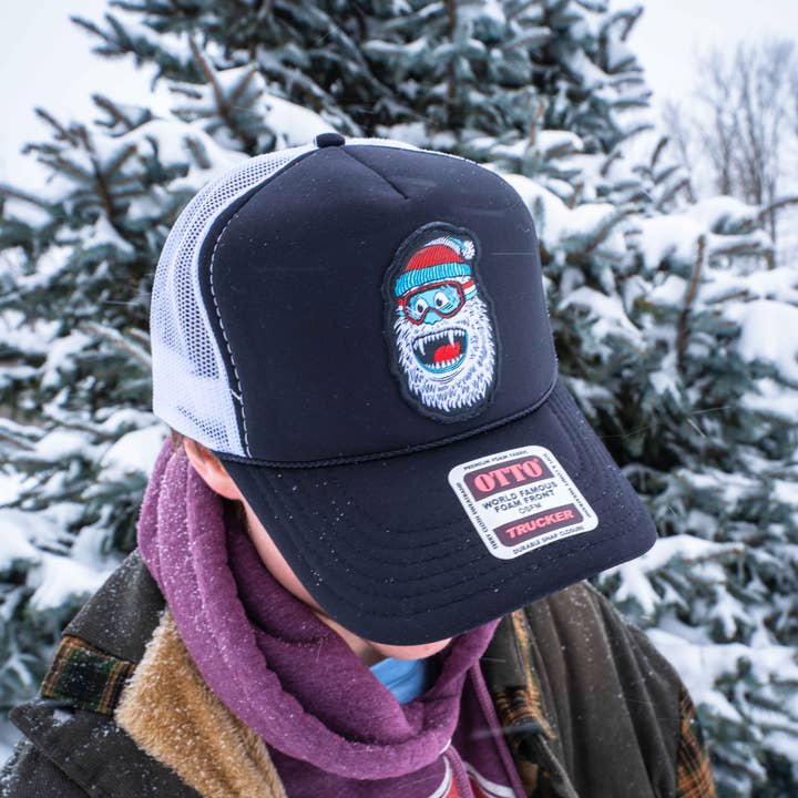 Wild Yeti, Skiing, Snowboarding, B/W Mesh OTTO Trucker Hat for wholesale by Hey Bear Outdoors