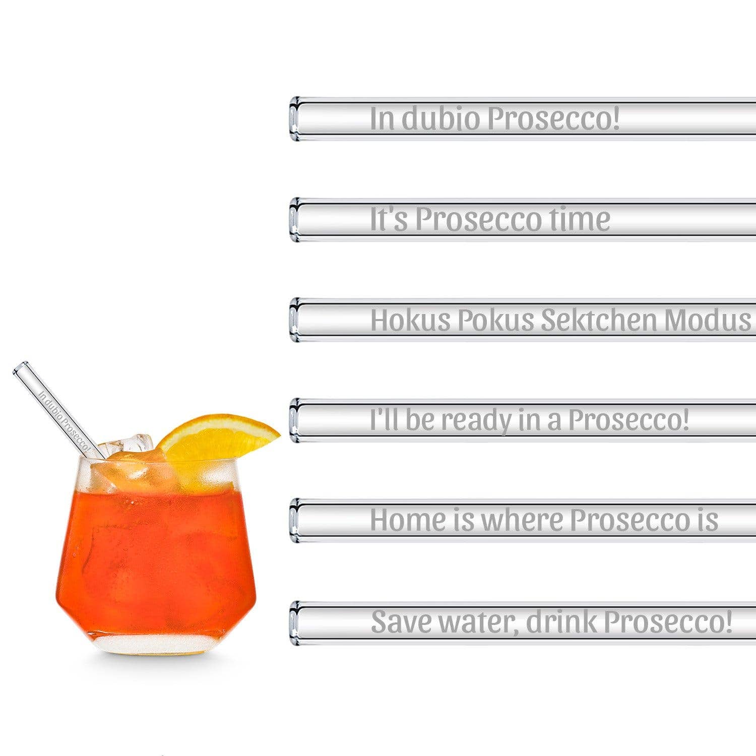 HALM Straws - Wholesale Drinking Straw - Prosecco sayings engraved glass straws with 6 fun sparkling wine toasts7