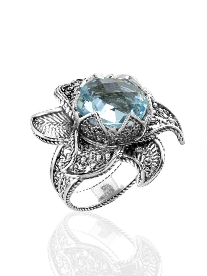 Art Lotus Flower Blue Topaz Gemstone Women Silver Ring for wholesale by Filigranist Jewelry