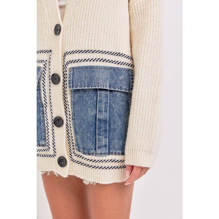 IVORY Knit Sweater Cardigan with Denim Pockets for wholesale on Faire14
