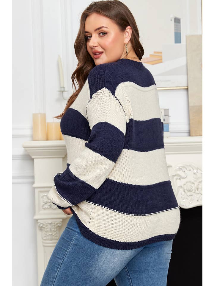 PRETTY BASH - Wholesale Knit Sweater - Women's - Plus Size Stripe Colorblock Drop Shoulder Sweater1