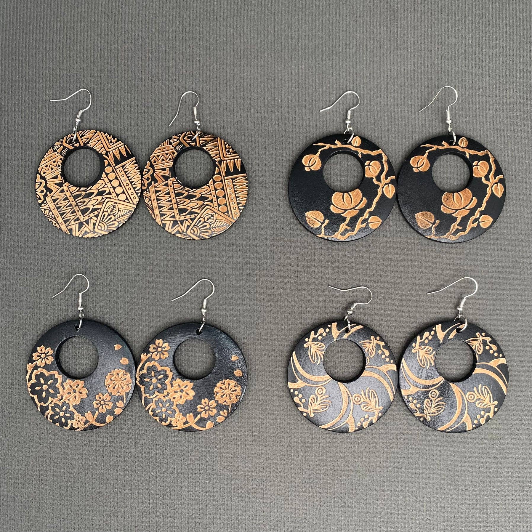 Mio Queena - Wholesale Dangle Earrings - Carving Pattern Wooden Round Dangle Earrings9