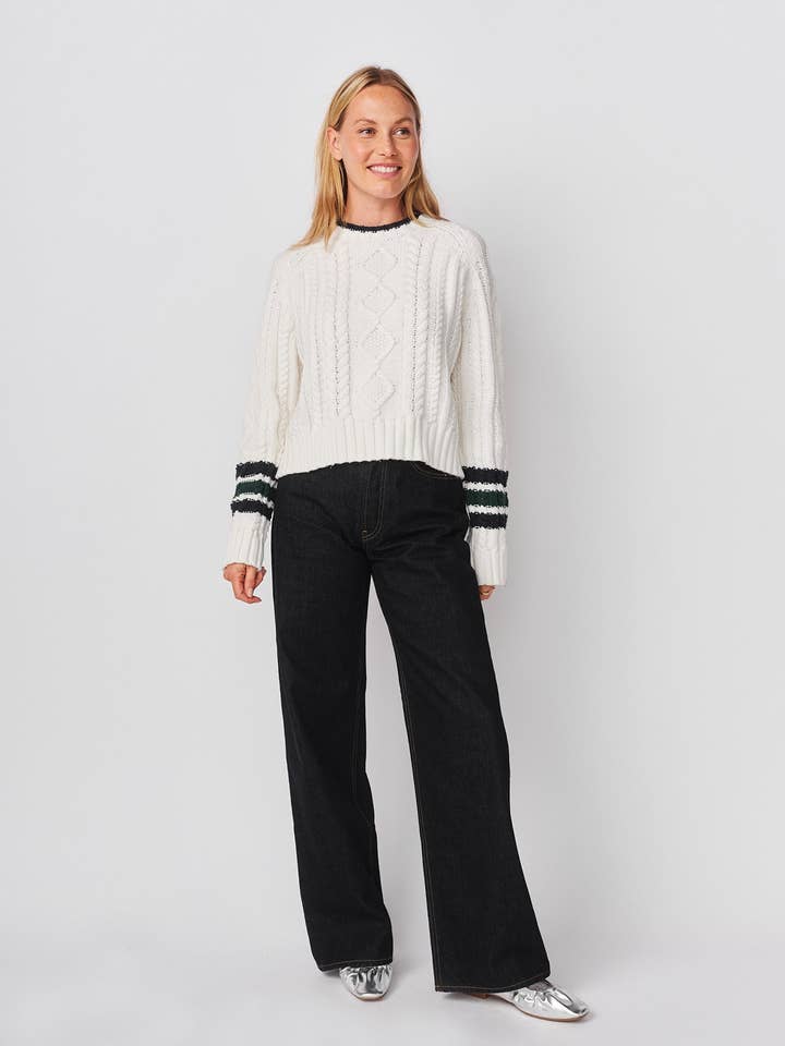 Sundry Chunky Cable Sweater with Stripes On Sleeves in Optic White for wholesale by Sundry Clothing