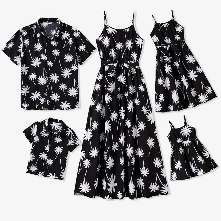 Camicia da spiaggia Family Black Coconut Tree, abito con cinturino con cintura per la vendita all'ingrosso da parte di PatPat Matching