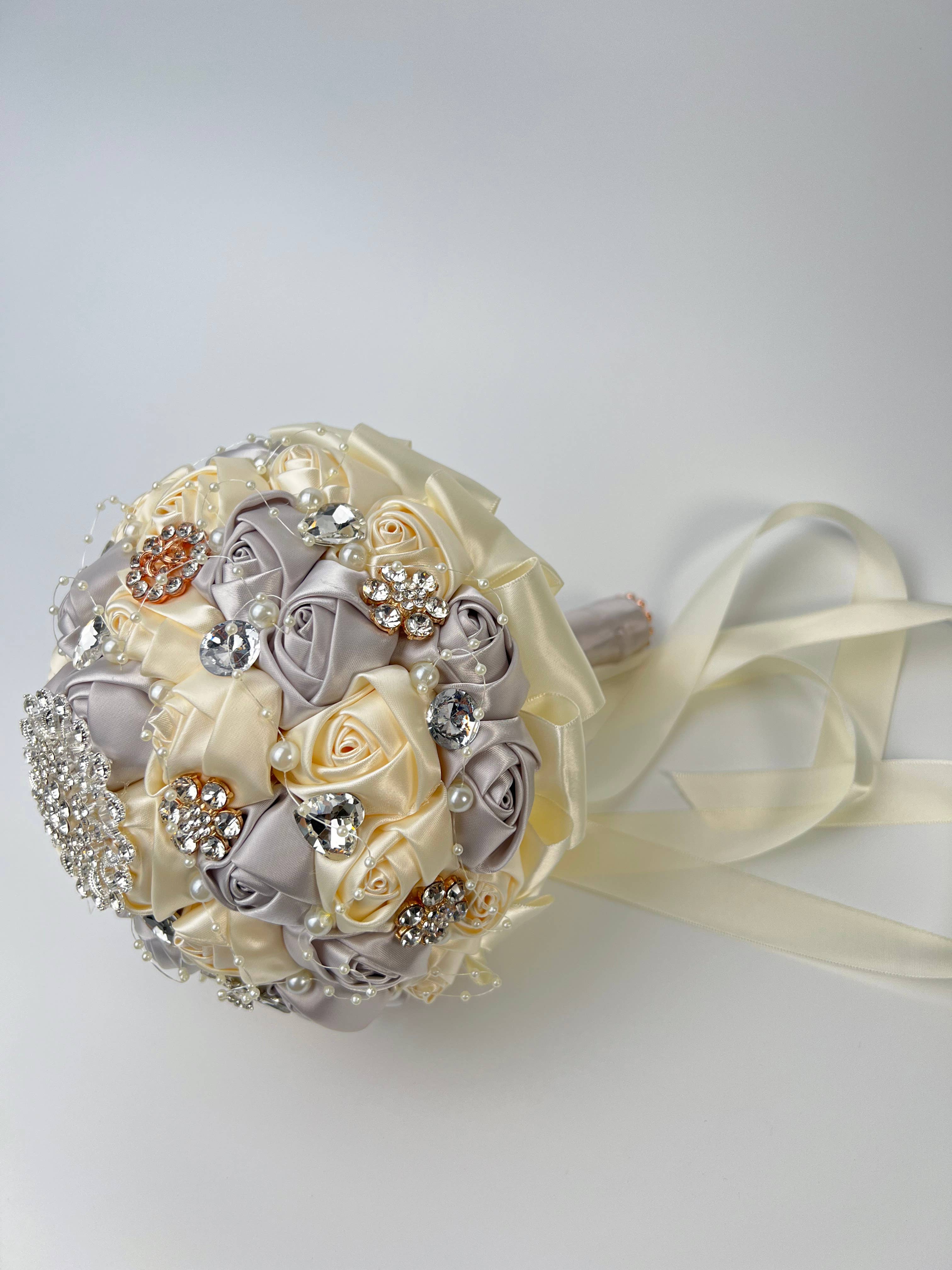Floris Linens - Wholesale Artificial Flowers - Rhinestone Pearl Bridal Brooch Rose Bouquet for Wedding8