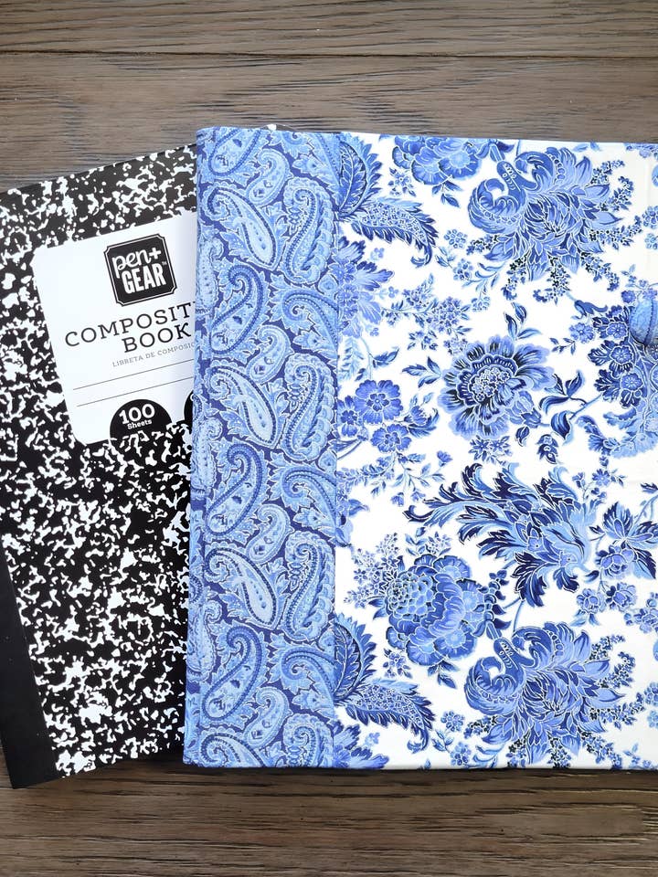 Fabric Covered Hardcover Reusable Notebook Composition Book Cover - Delft Blue, White and Silver Paisley for wholesale by Chic Brico