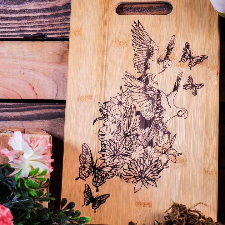 Birds and Butterflies in Flight Bamboo Cutting Board for wholesale by Rustic Cedar Co