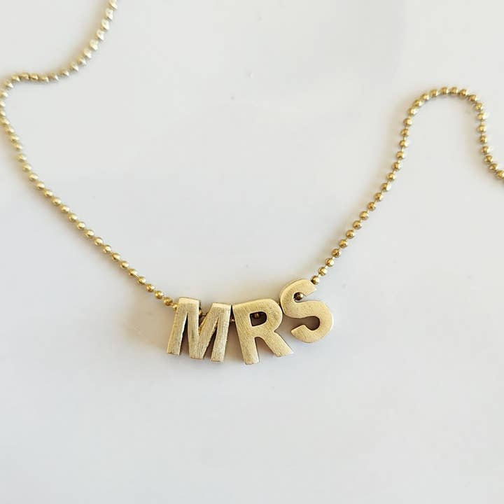 MRS Brass Block Letter Charm Beaded Necklace for Brides for wholesale by Sara Sela Jewelry