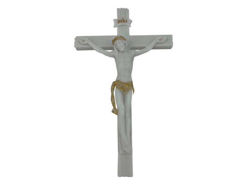 Cubby House by Malmar - Wholesale Decorative figurine - 33cm Wall Plaque With Hanging White & Gold Jesus On Cross