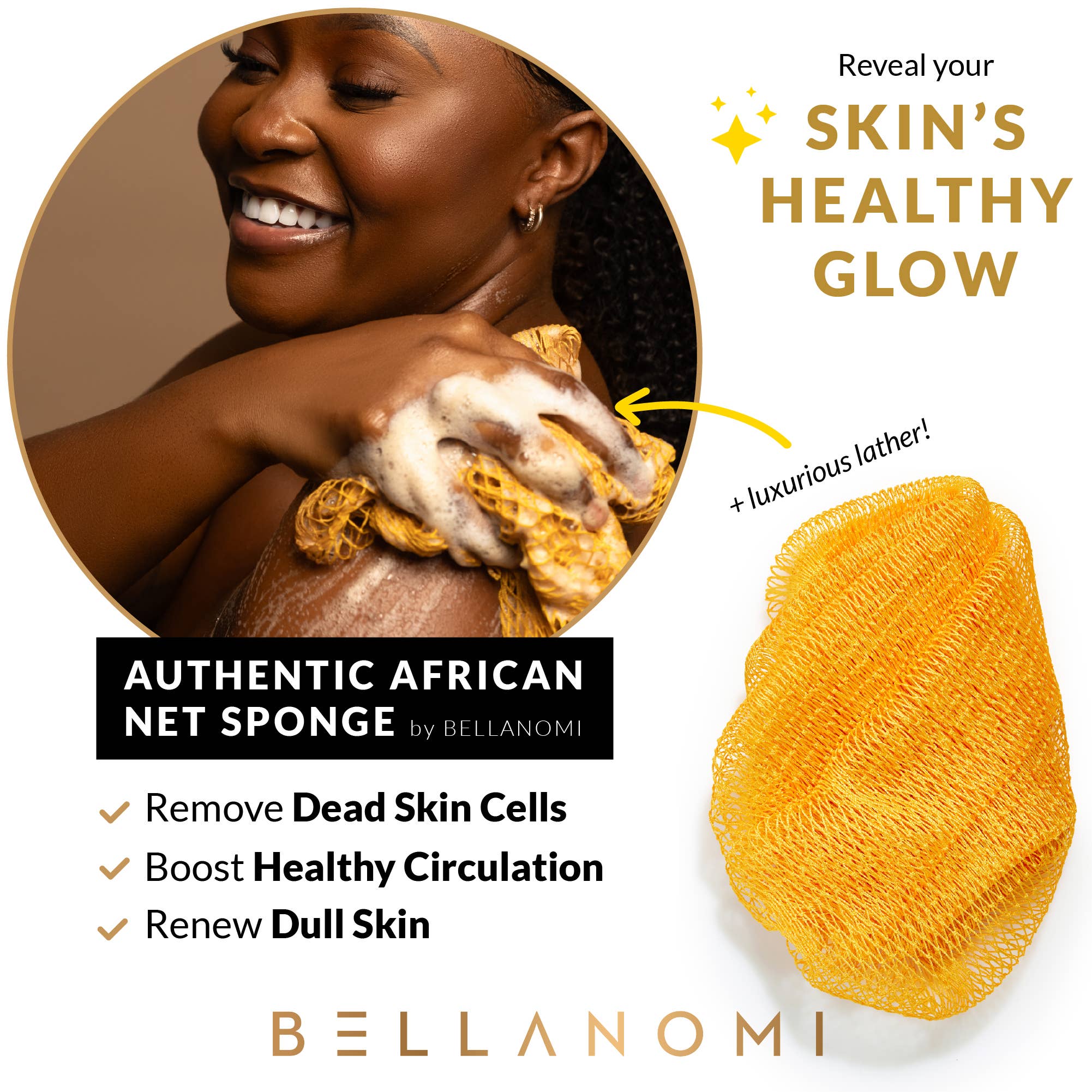 Bellanomi Skincare - Venta al por mayor Pufs/esponjas de baño - Esponja exfoliante africana de red de 114 cm - Más vendida18