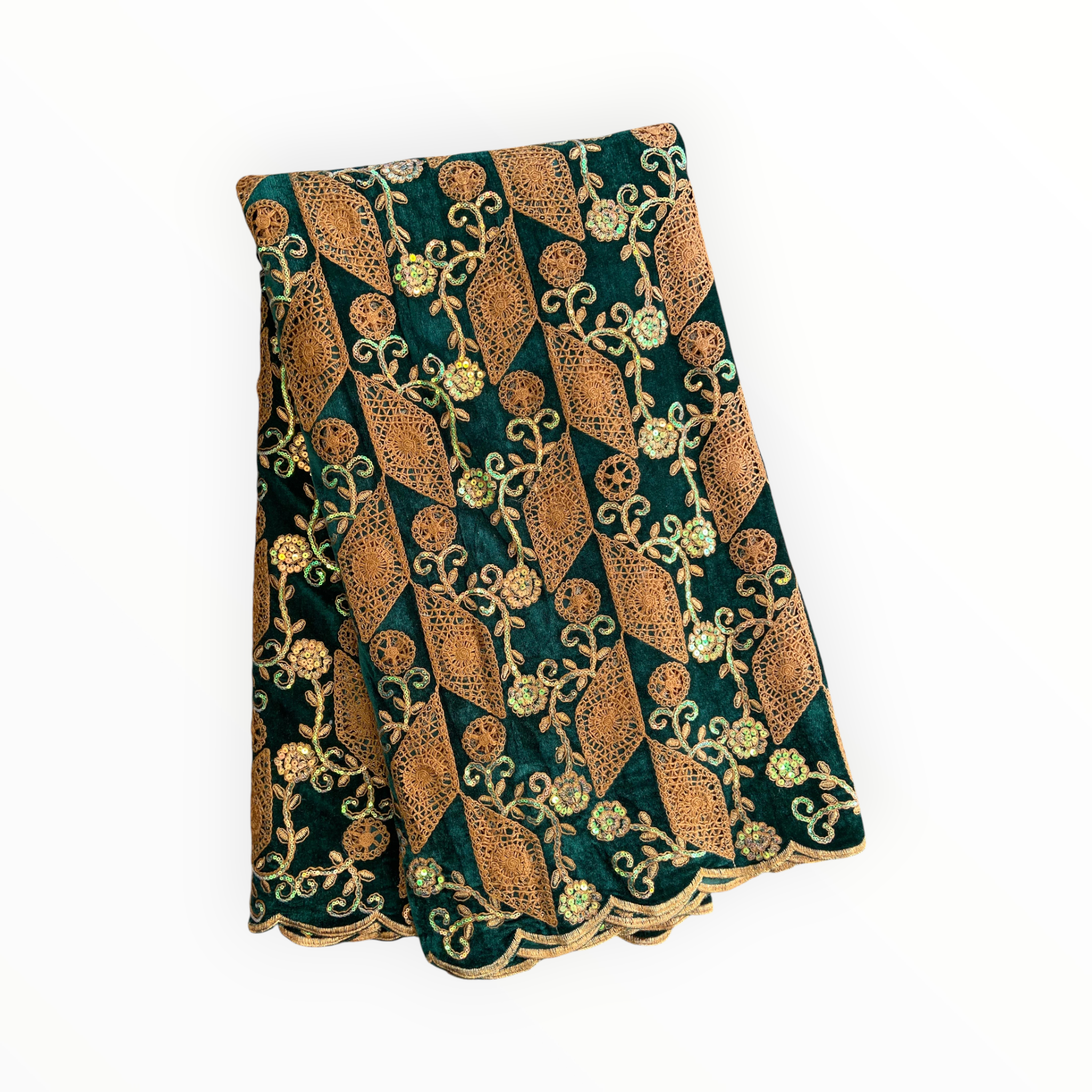 City Fabrics – wholesale Craft supplies – Luxury Velvet Lace Fabric in Green / Brown – 5 Yards Piece0