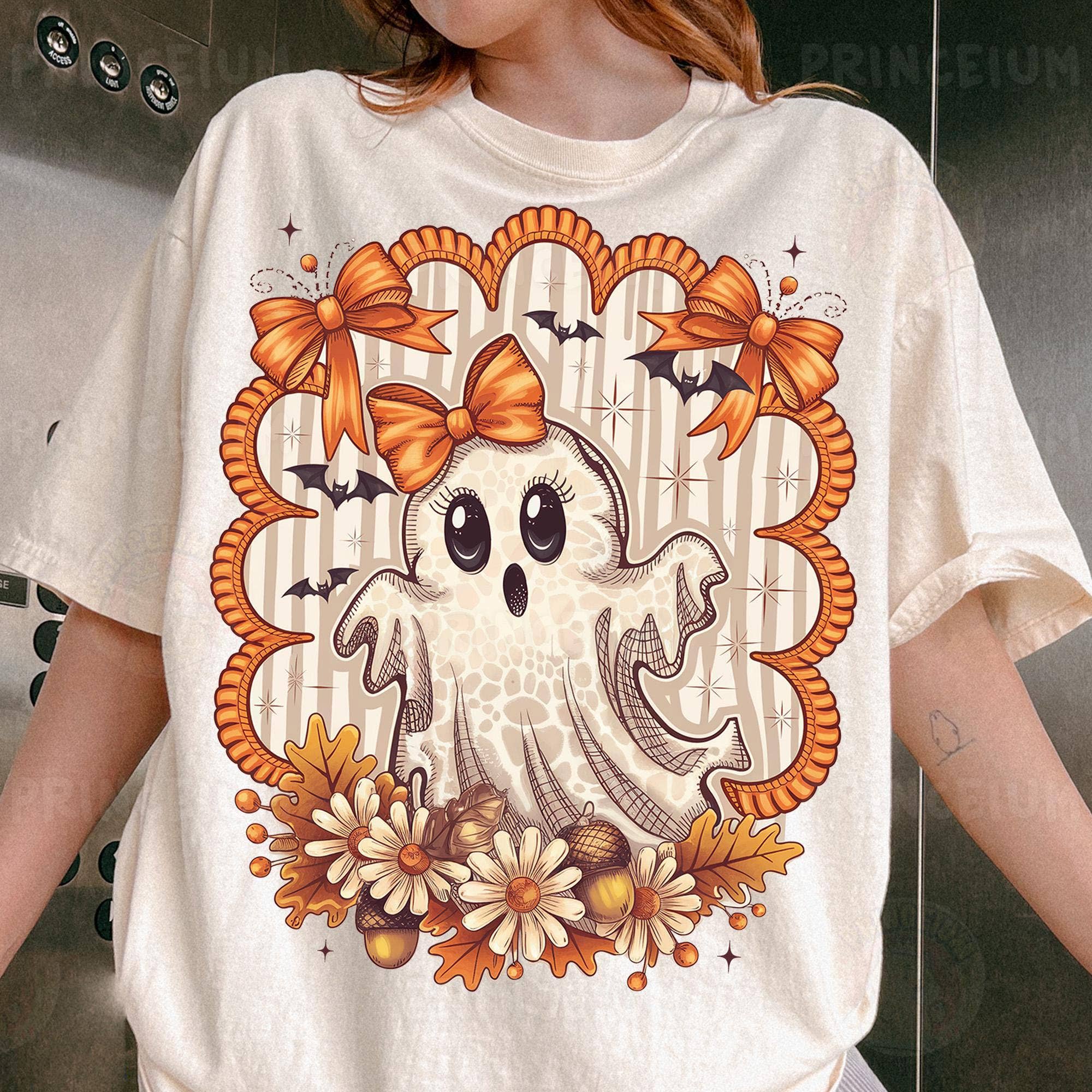 NVC Ecommerce LLC - Wholesale T-Shirt (Graphic) - Unisex - Cute Ghost Tee, Fall Halloween With Bows And Flowers Sweater1