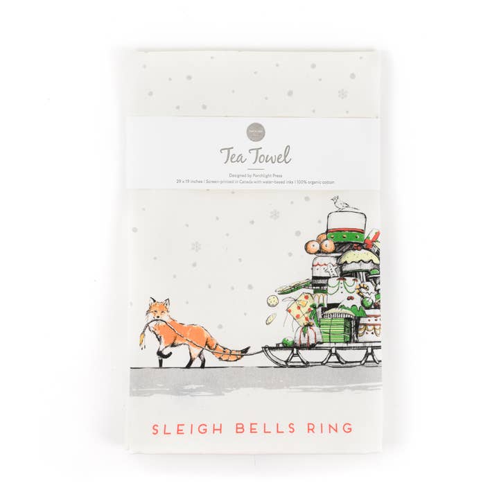 Fox with Sleigh Holiday Tea Towel for wholesale by Porchlight Press Letterpress