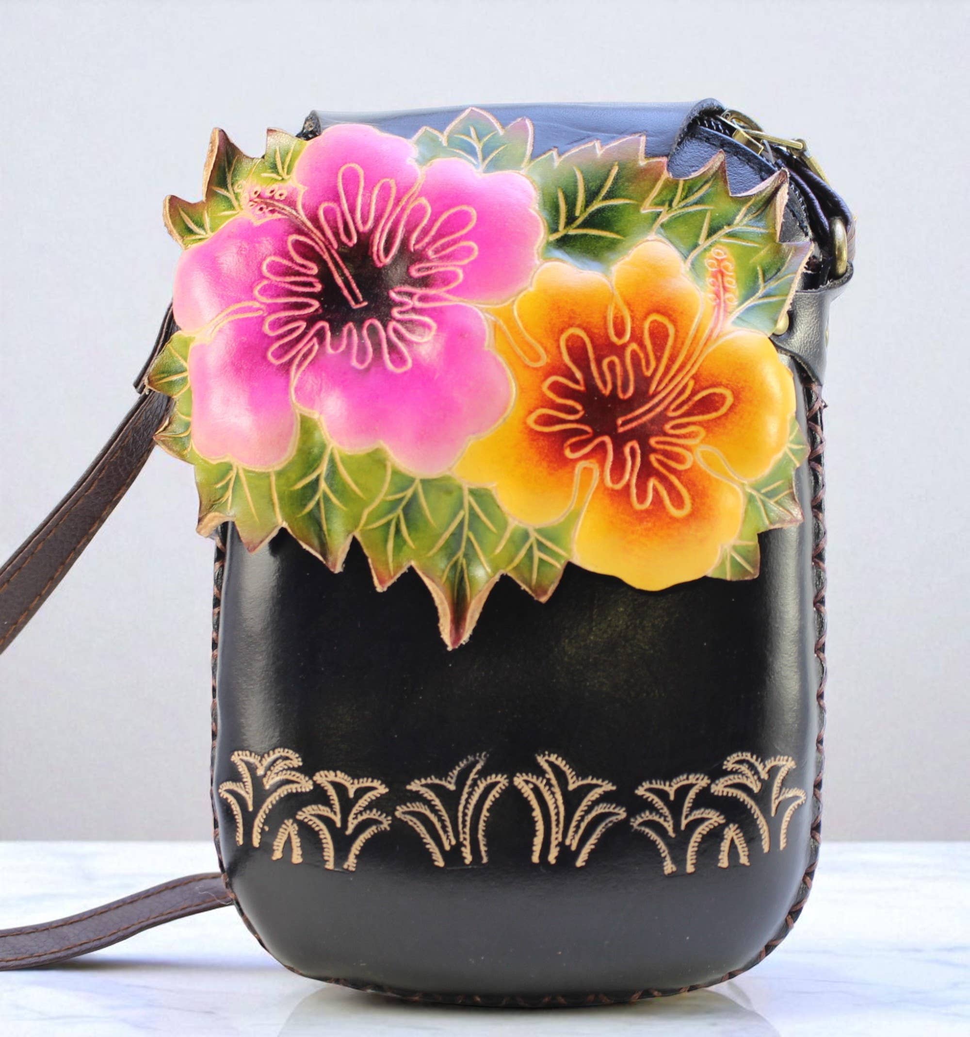 Sunflower Handmade leather inc - Vendita all'ingrosso Tracolla - Donna - Borsa a tracolla in pelle a forma di fiore borsa per telefono2