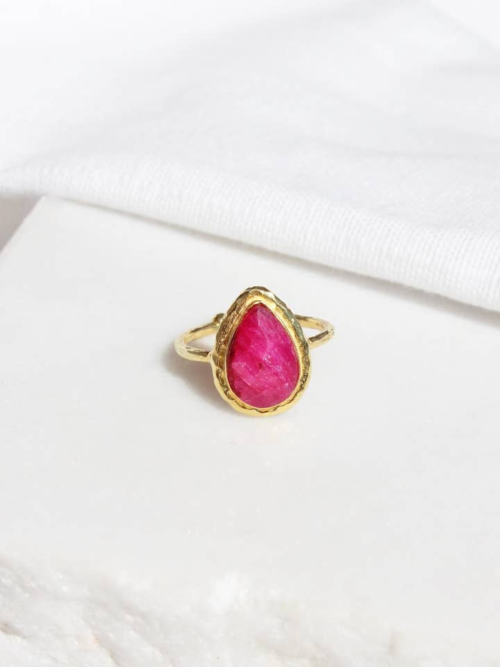 14K Gold Plated Teardrop Raw Ruby Ring, Natural Pink Gemstone Crystal Ring, Sterling Silver Roman Art Greek Ring, July Birthstone Jewelry for wholesale by Pharos Jewellery