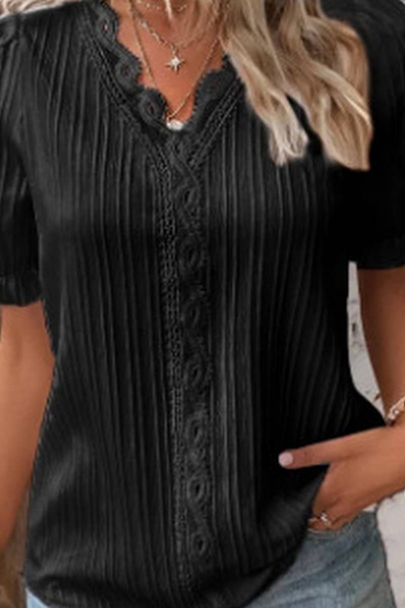 NINEXIS - Vente Chemisier – femme - CWTBLS1468_CHEMISE UNIE À MANCHES COURTES À COL EN V AJOURÉ1