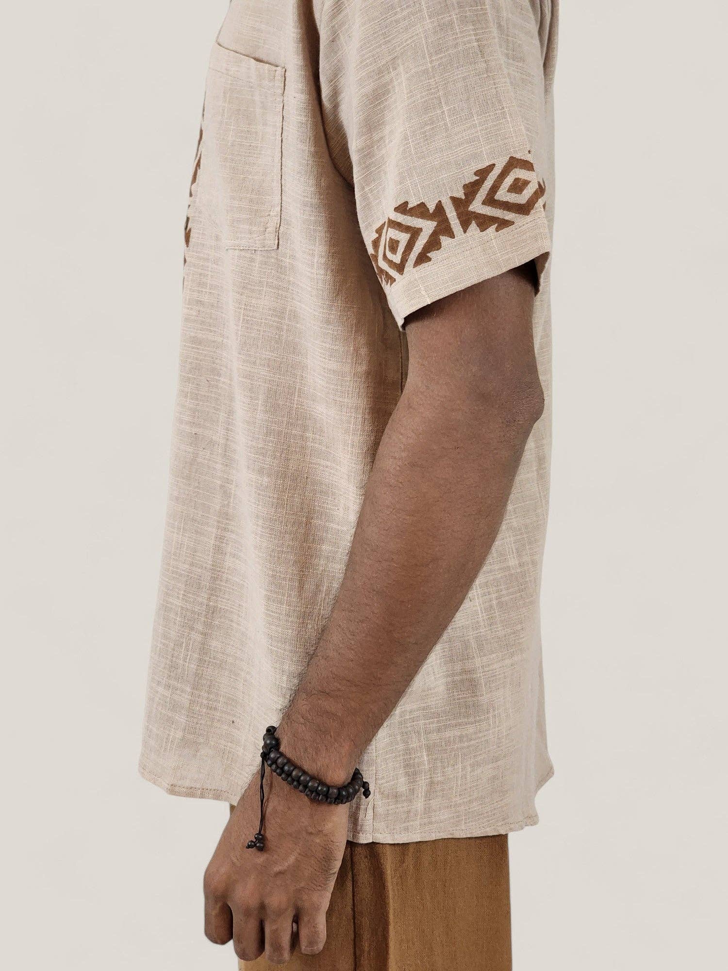 Sacred Ceremony - Wholesale Button Down Shirt - Men's - Men's Dusty Rose Organic Linen Short Sleeve Block-Printed Button-Down Shirt5