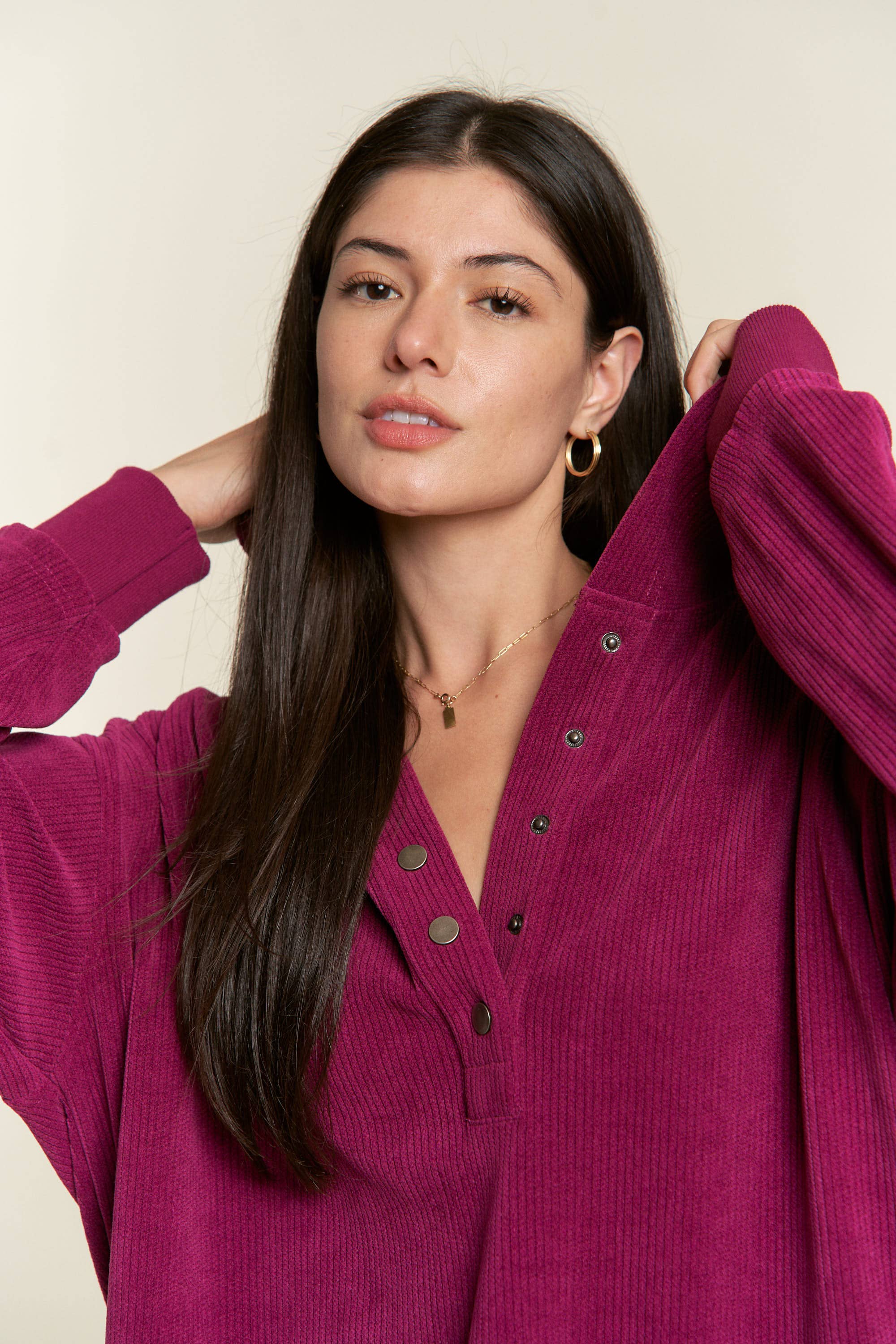 JADE BY JANE - Vente Sweat à capuche – femme - Sweat-shirt à capuche côtelé boutonné à manches longues JJT50702