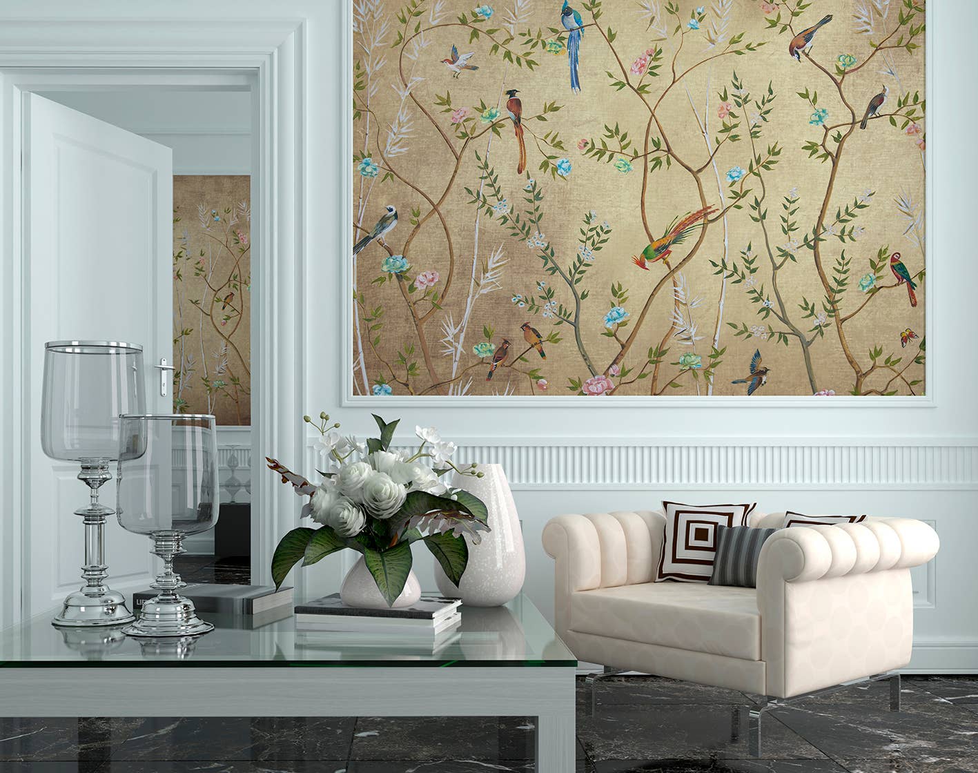 ICH SL - Wholesale Wallpaper - METALLIC UNCOATED PAPER MURAL V120-3M “BIRDS GARDEN”1