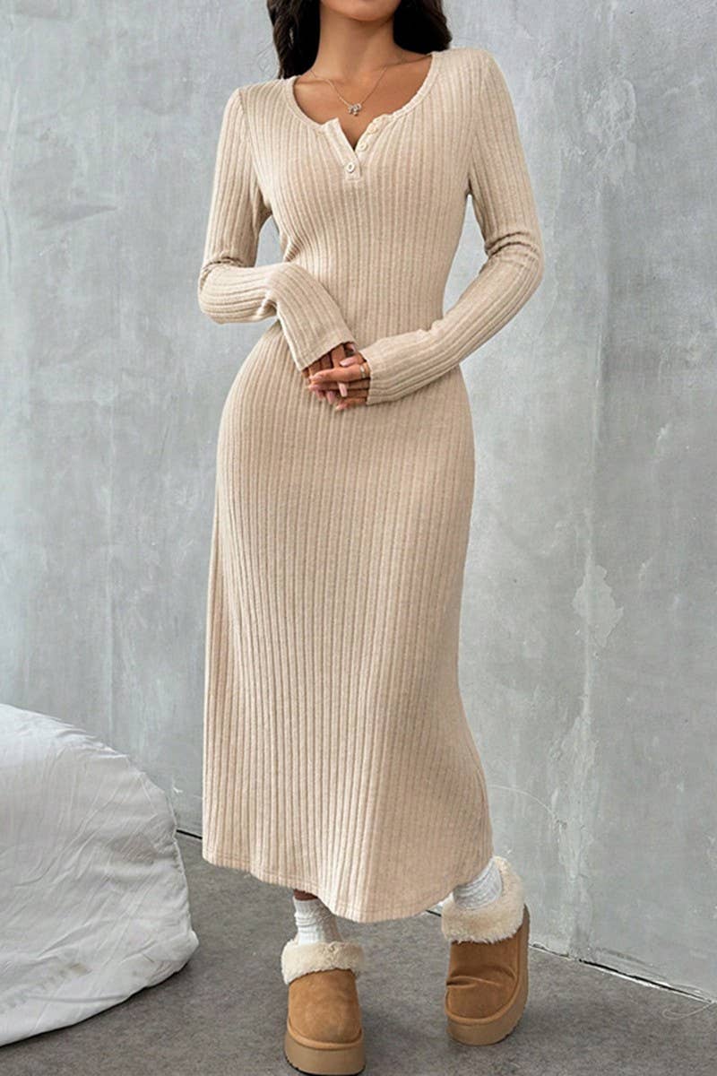 BEIGE CWDMD00981_ELEGANT SLIM-FIT V-NECK SOLID COLOR SWEATER DRESS for wholesale on Faire3