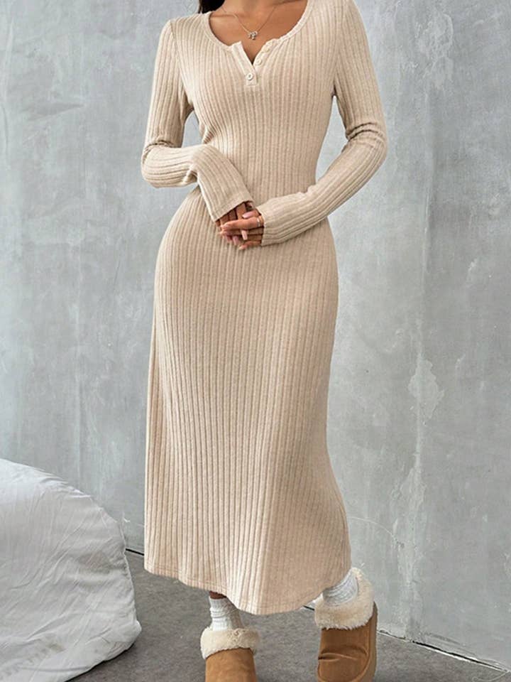 BEIGE CWDMD00981_ELEGANT SLIM-FIT V-NECK SOLID COLOR SWEATER DRESS for wholesale on Faire3