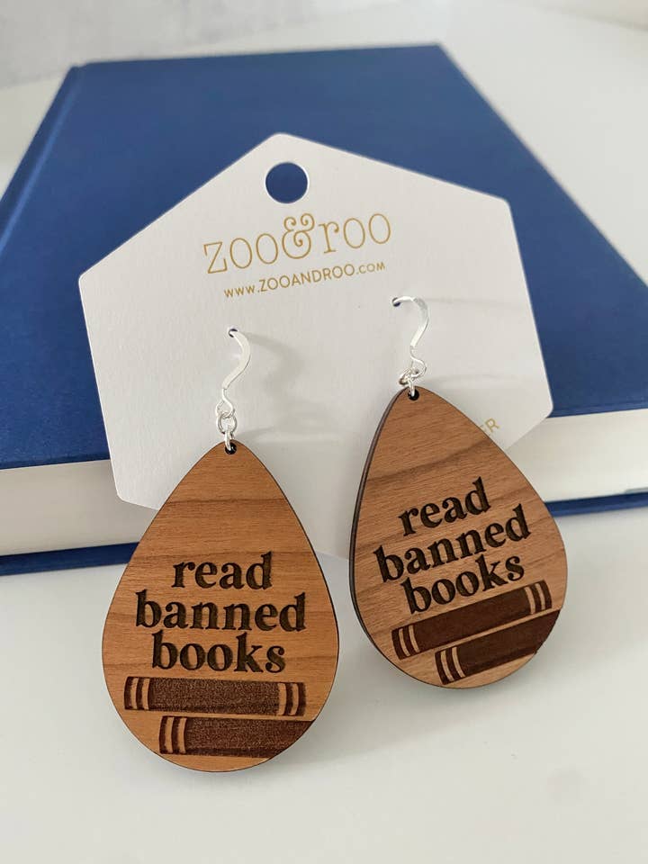 Read banned books handmade wood teardrop earrings for wholesale by zoo&roo