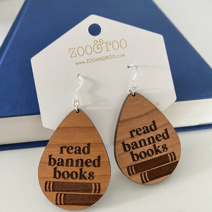 Read banned books handmade wood teardrop earrings for wholesale by zoo&roo