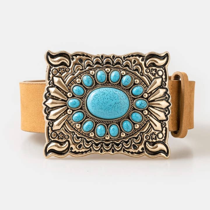 Large Western Turquoise Square Buckle Vegan Leather Belt for wholesale by Collections by Fame Accessories