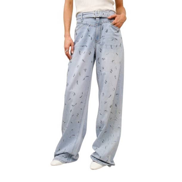 Vaqueros de mezclilla de talle medio con cinturón y tachuelas de leopardo para venta al por mayor de Apolline