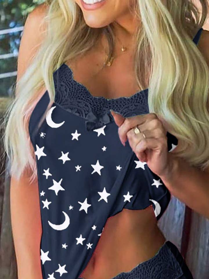 Cami-set met strikversiering en strikdecor met sterrenprint en maanprint voor wholesale door Flarix