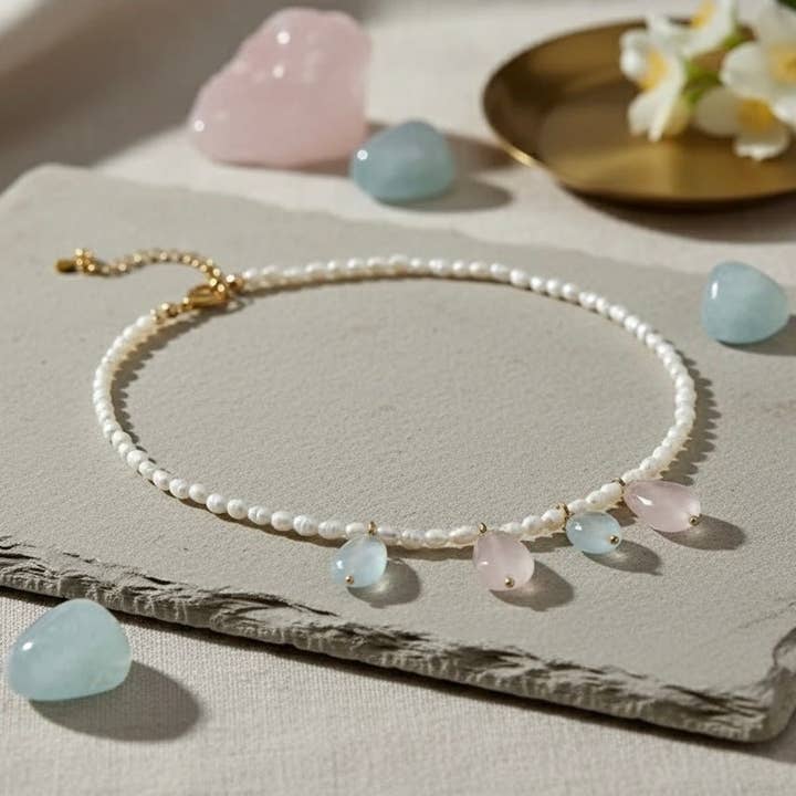 OE! - Wholesale Beaded/Pearl Necklace - SPRING – Necklace with Aquamarine, Rose Quartz, and Pearls2
