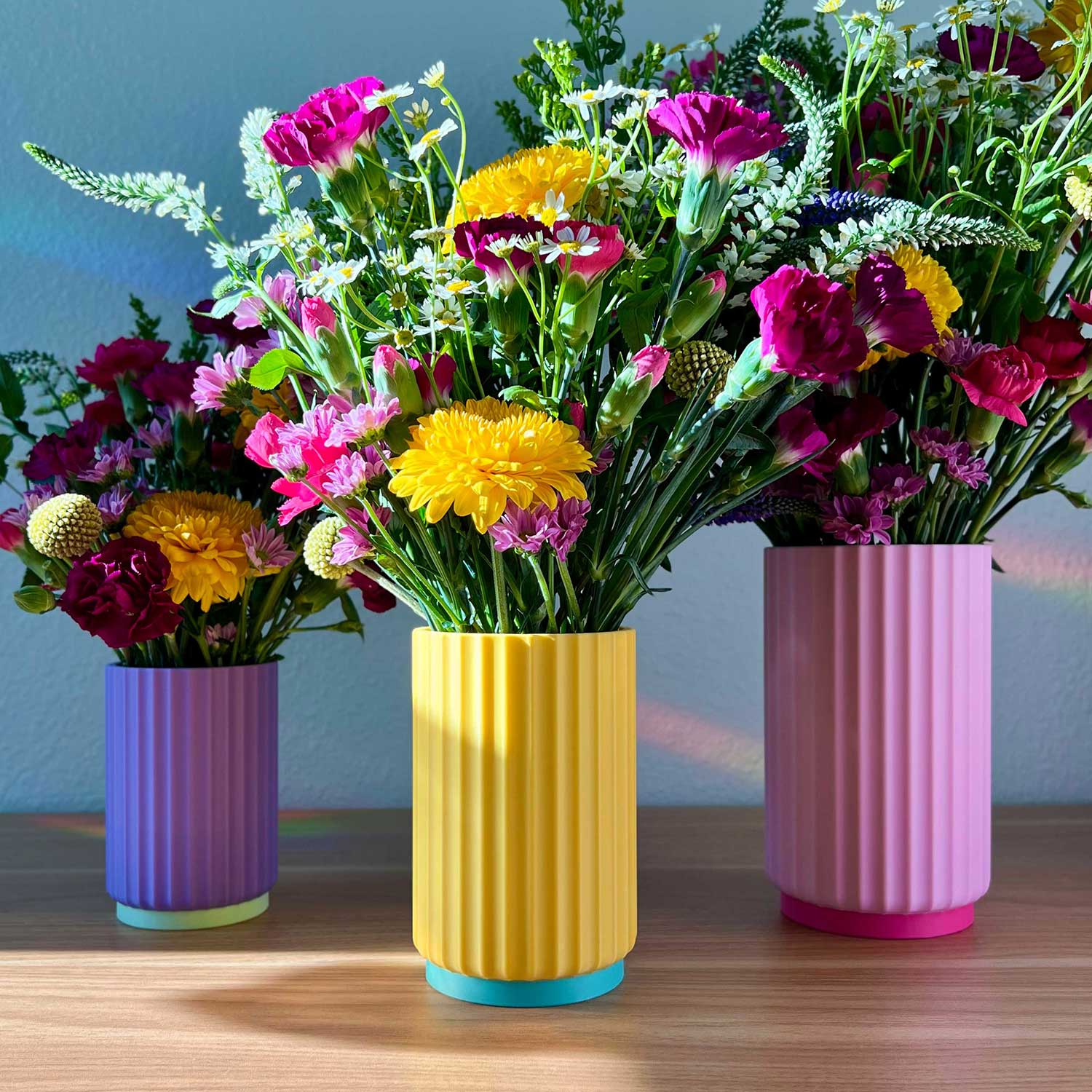 Daisy Wood Design - Wholesale Vase - Colorful Fluted Flower Vase Trio With Glass Inserts9