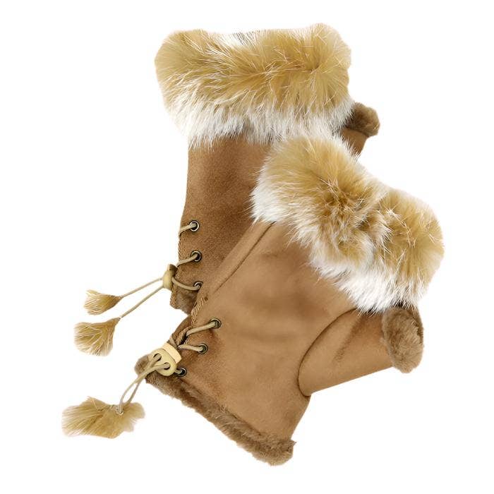 Madeline Love – wholesale Gloves – Women's – Fingerless Faux Fur Trim Faux Suede Gloves Drawstring2