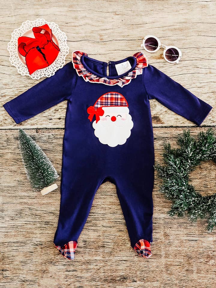 Navy Plaid Santa Infant Girls Onesie for wholesale by The Hair Bow Company