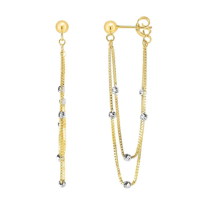 14kt guld gul+hvid Finish 4x48mm skinnende+Diamond Cut perle+Link Drop Fancy ørering med Push Back lås for engroshandel hos The Diamond Deal