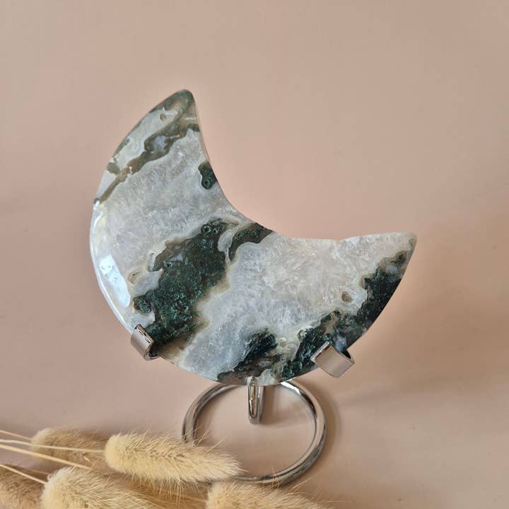 Moonlight Gemstones - Wholesale Spiritual stone/crystal - XL Gemstone Moss Agate Moon on Stand (Druzy & Patterns) #168 - 240g1