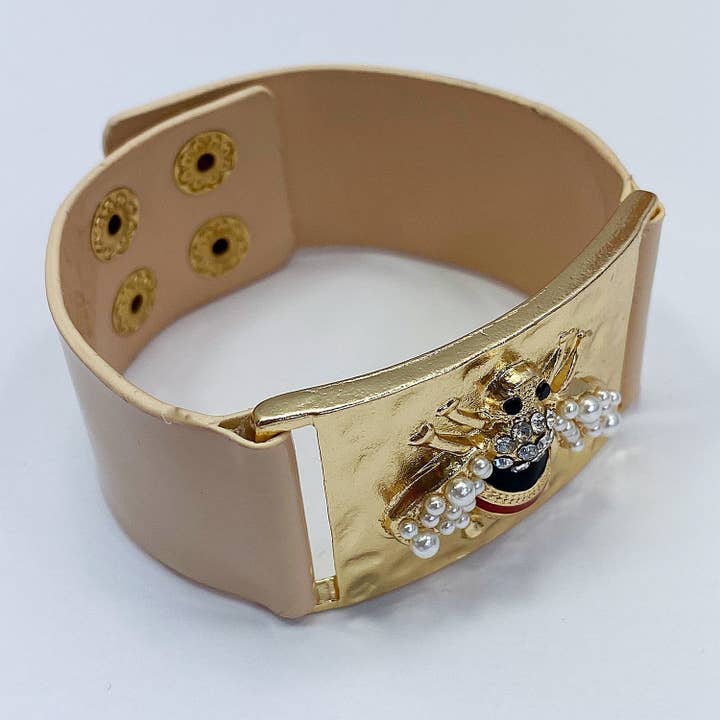 B0181 JCB2093 Bee Design Accented Faux Leather Bracelet for wholesale by Greater Goods Imports & Wholesale