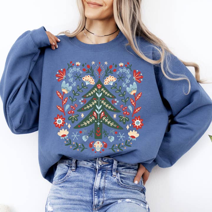 Refinery Number One LLC - Wholesale Graphic Sweatshirt - Unisex - Christmas Tree Folk Art, Scandinavian Floral Sweatshirt