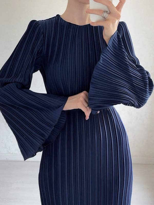 UZ Wholesale Store - Wholesale Dress - Women's - Pleated Ruffled Solid Color Flared Sleeves Long Sleeves Roun